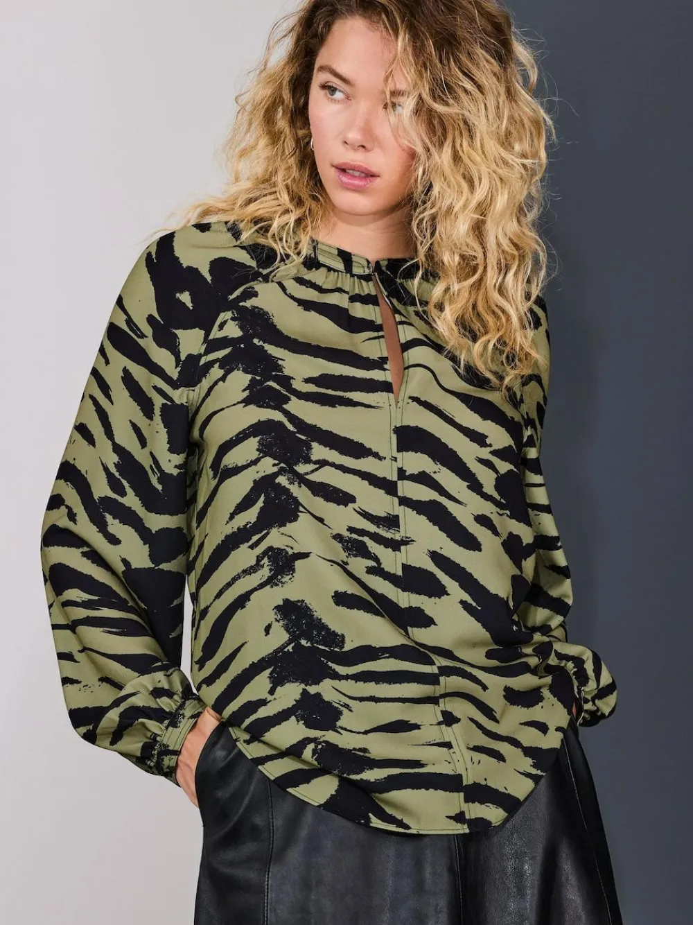 Discount Next Khaki Green Animal Print Long Sleeve V-Neck Blouse