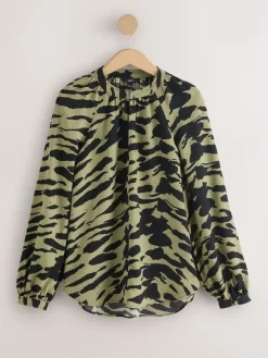 Discount Next Khaki Green Animal Print Long Sleeve V-Neck Blouse
