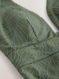 Next Khaki Green Leaf Textured Plunge Shaping Tummy Control Swimsuit^Women Swimwear