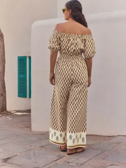 Next Off Shoulder 100% Cotton Wide Leg Jumpsuit Khaki Green