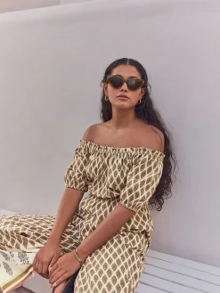 Next Off Shoulder 100% Cotton Wide Leg Jumpsuit Khaki Green