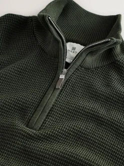 Best Next Plain N.Premium Regular Fit Cotton Rich Textured Premium Quarter Zip Jumper Khaki Green