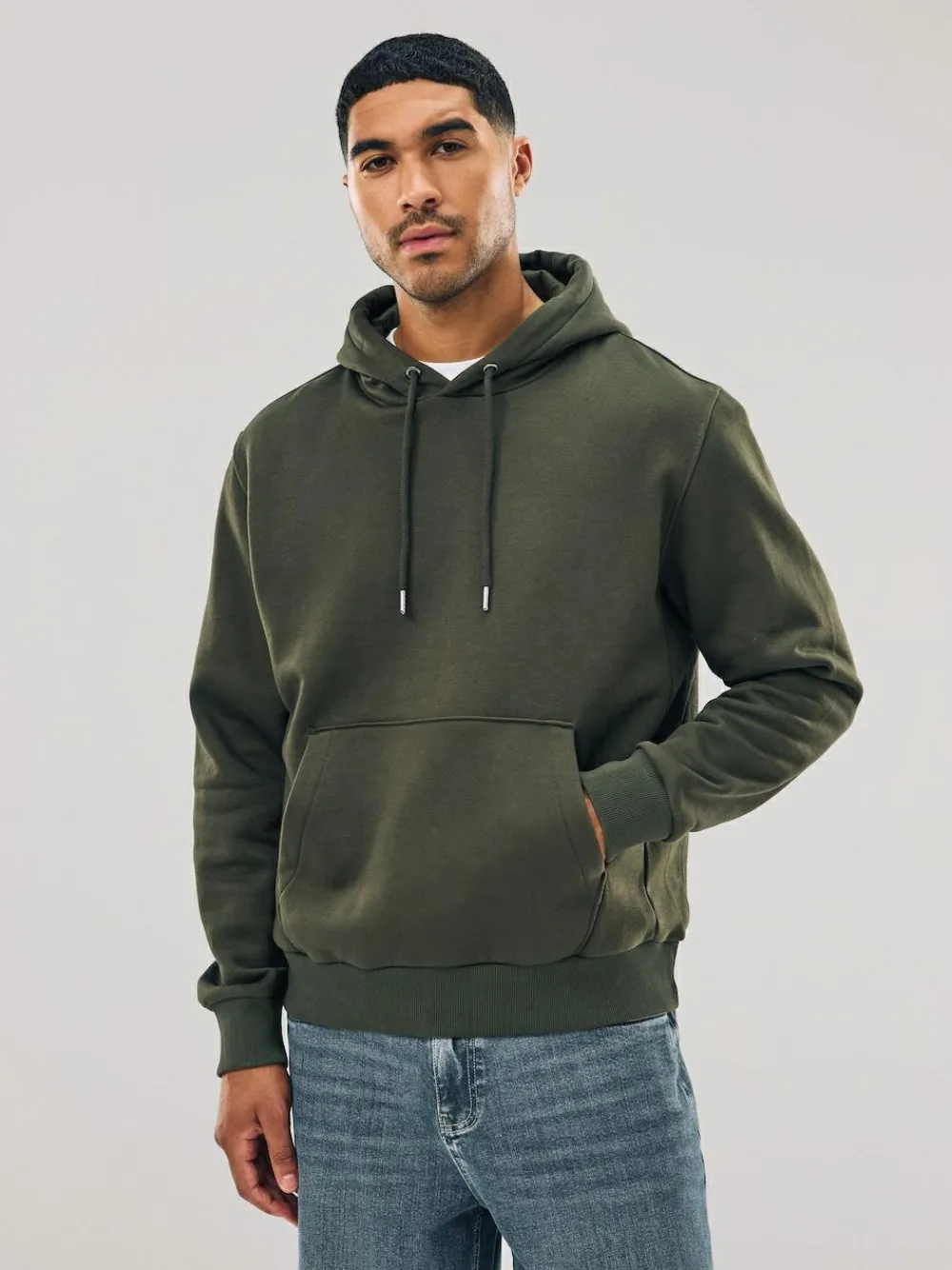 New Next Khaki Green Regular Fit Heavyweight Cotton Rich Jersey Hoodie