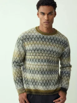Hot Next Khaki Green Relaxed Fit Ombre Diamond Pattern Texture Crew Neck Jumper with Wool