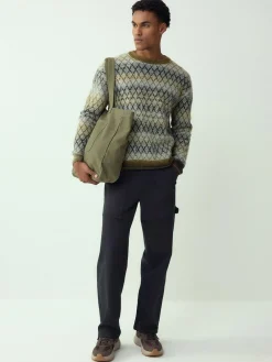 Hot Next Khaki Green Relaxed Fit Ombre Diamond Pattern Texture Crew Neck Jumper with Wool