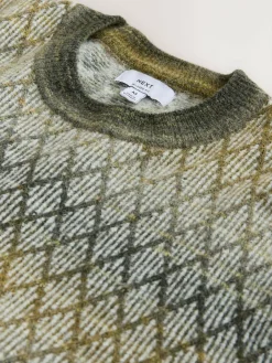 Hot Next Khaki Green Relaxed Fit Ombre Diamond Pattern Texture Crew Neck Jumper with Wool