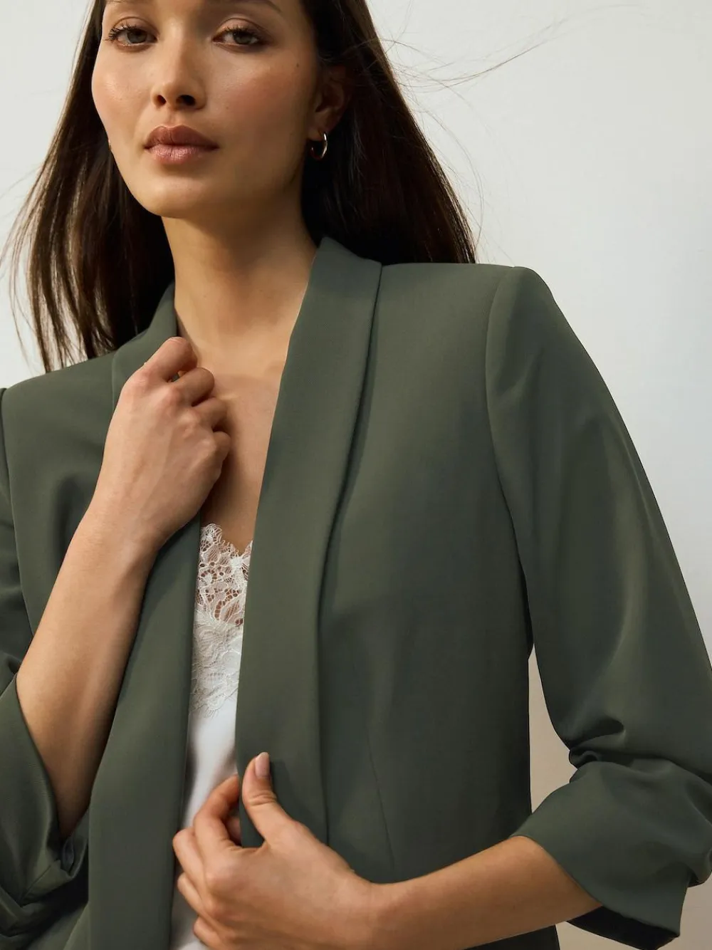 Next Khaki Green Relaxed Ruched Sleeve Blazer^Women Blazers|Coats & Jackets