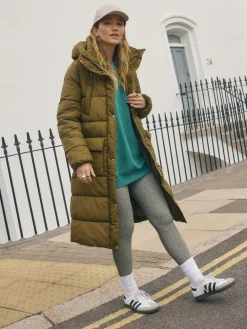 Hot Next Khaki Green Shower Resistant Padded Hooded Longline Coat