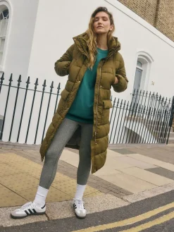 Hot Next Khaki Green Shower Resistant Padded Hooded Longline Coat