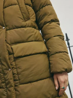 Hot Next Khaki Green Shower Resistant Padded Hooded Longline Coat