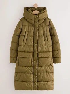 Hot Next Khaki Green Shower Resistant Padded Hooded Longline Coat