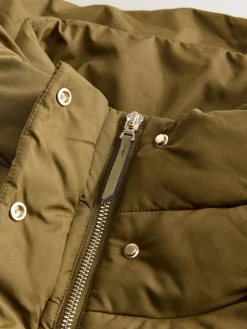 Hot Next Khaki Green Shower Resistant Padded Hooded Longline Coat