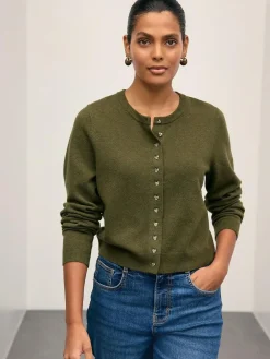 Next Khaki Green Slim Supersoft Crew Neck Cardigan with Wool^Women Knitwear|Knitwear