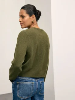 Next Khaki Green Slim Supersoft Crew Neck Cardigan with Wool^Women Knitwear|Knitwear