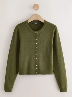 Next Khaki Green Slim Supersoft Crew Neck Cardigan with Wool^Women Knitwear|Knitwear