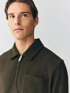 Clearance Next Soft Rib Texture Quarter Zip Neck Fleece Khaki Green