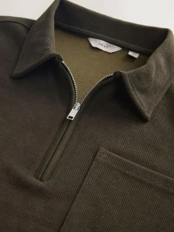Clearance Next Soft Rib Texture Quarter Zip Neck Fleece Khaki Green