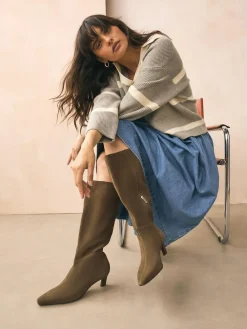 Outlet Next Forever Comfort® Knee High Chisel Toe Heeled Boots Khaki Green Suede