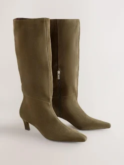 Outlet Next Forever Comfort® Knee High Chisel Toe Heeled Boots Khaki Green Suede
