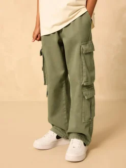 Discount Next Twill Woven Cotton Cargo Trousers (3-16yrs) Khaki Green