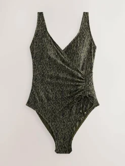 Next Khaki Green/Black Ruched Side Tummy Shaping Control Swimsuit^Women Swimwear