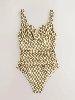 Best Next F-K Underwired Tummy Control Swimsuit Khaki Green/Cream Foil Woodblock