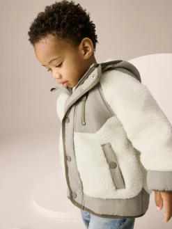 Next Khaki/Cream Colourblock Borg Jacket (3mths-7yrs)