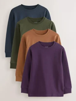Outlet Next Stag Logo Long Sleeve Cosy T-Shirts 4 Pack (3-16yrs) Khaki/Tan/Purple/Navy