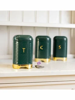 Kitchencraft Green Textured Geometric Tea Coffee Sugar Canisters Set^ Storage & Organisation