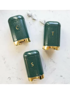 Kitchencraft Green Textured Geometric Tea Coffee Sugar Canisters Set^ Storage & Organisation