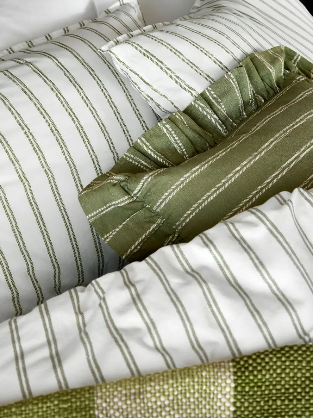 Laura Ashley Green Henley Stripe 100% Cotton Duvet Cover and Pillowcase Set^ Branded Bedlinen