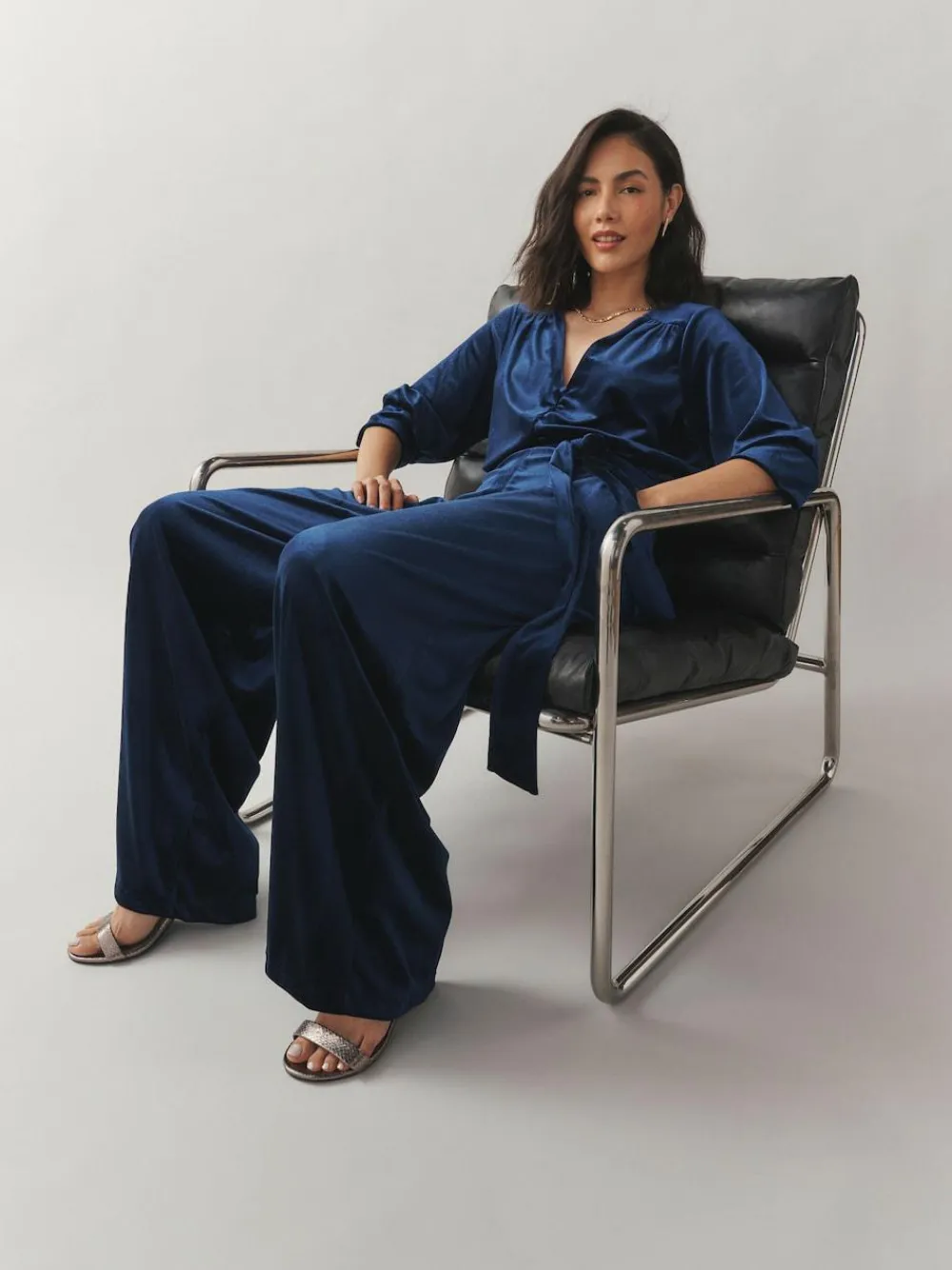 Laura Ashley Navy Velvet Elasticated Waist Wide Leg Party Jumpsuit^Women Jumpsuits & Playsuits