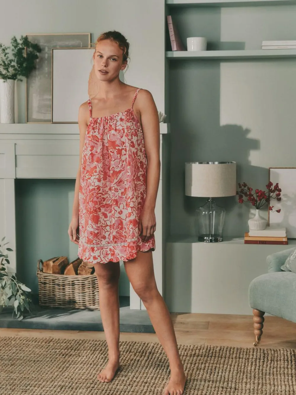 Laura Ashley Pink Peony Cotton Scalloped Slip Nightie^Women All Night & Lounge