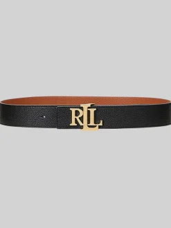 Hot Lauren Ralph Lauren Black/Lauren Tan Wide Logo Reversible Pebbled Leather Belt
