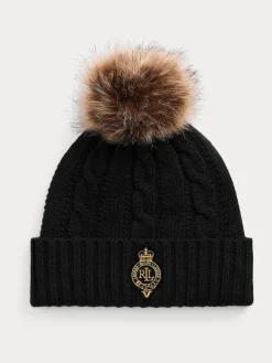 Online Lauren Ralph Lauren Crest-Patch Pom-Pom Cable-Knit Beanie Black