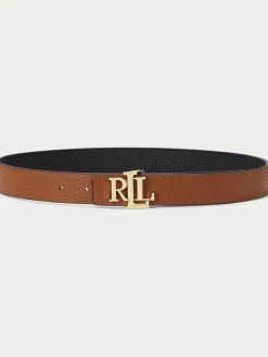 New Lauren Ralph Lauren Black/Lauren Tan 2.5cm Logo Reversible Pebbled Leather Belt