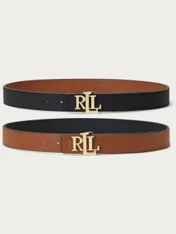 New Lauren Ralph Lauren Black/Lauren Tan 2.5cm Logo Reversible Pebbled Leather Belt
