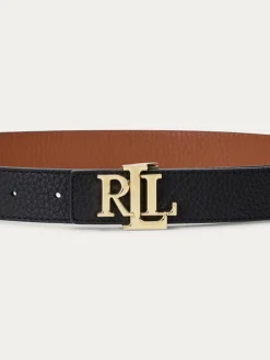 New Lauren Ralph Lauren Black/Lauren Tan 2.5cm Logo Reversible Pebbled Leather Belt