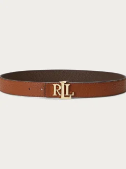 New Lauren Ralph Lauren 2.5cm Logo Reversible Pebbled Leather Belt Lauren Tan/Dark Brown