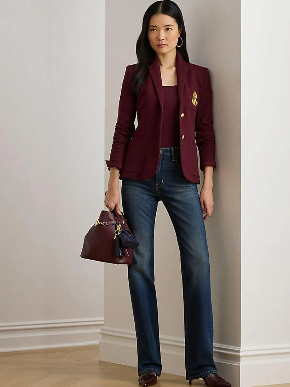 Lauren Ralph Lauren Anfisa Crest Logo Blazer Jacket Red