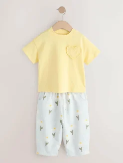 Next Lemon Yellow Daisy Short Sleeve Top and Barrel Trousers Set (3mths-7yrs)^ Tops|Sets & Coords