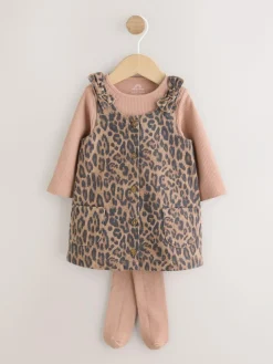 Clearance Next Leopard Print Pinafore Long Sleeve Bodysuit & Tights 3 Piece Set (0mths-2yrs)