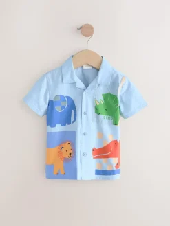 Clearance Next Light Blue 100% Cotton Short Sleeves Animal Hotchpotch Printed Shirt (3mths-7yrs)
