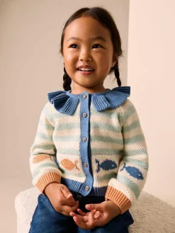 New Next Light Blue Collared Fish Stripe Cardigan (3mths-7yrs)