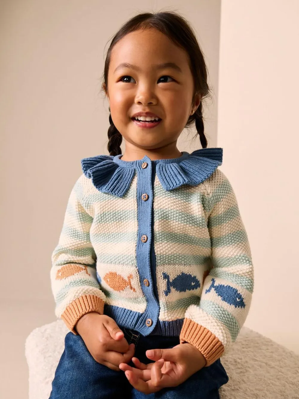 New Next Light Blue Collared Fish Stripe Cardigan (3mths-7yrs)