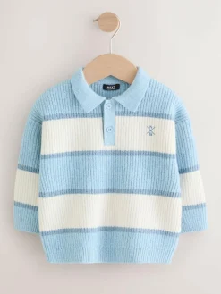 Next Knitted Stripe Rugby Polo Shirt (3mths-7yrs) Light Blue