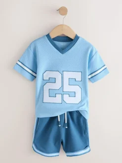 Sale Next Short Sleeve Varsity Shorts Set (3mths-7yrs) Light Blue