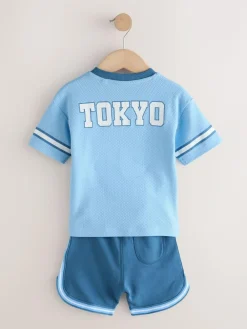 Sale Next Short Sleeve Varsity Shorts Set (3mths-7yrs) Light Blue