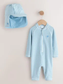 New Next Striped Sunsafe Swimsuit and Hat Set (3mths-7yrs) Light Blue