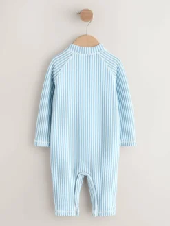 New Next Striped Sunsafe Swimsuit and Hat Set (3mths-7yrs) Light Blue